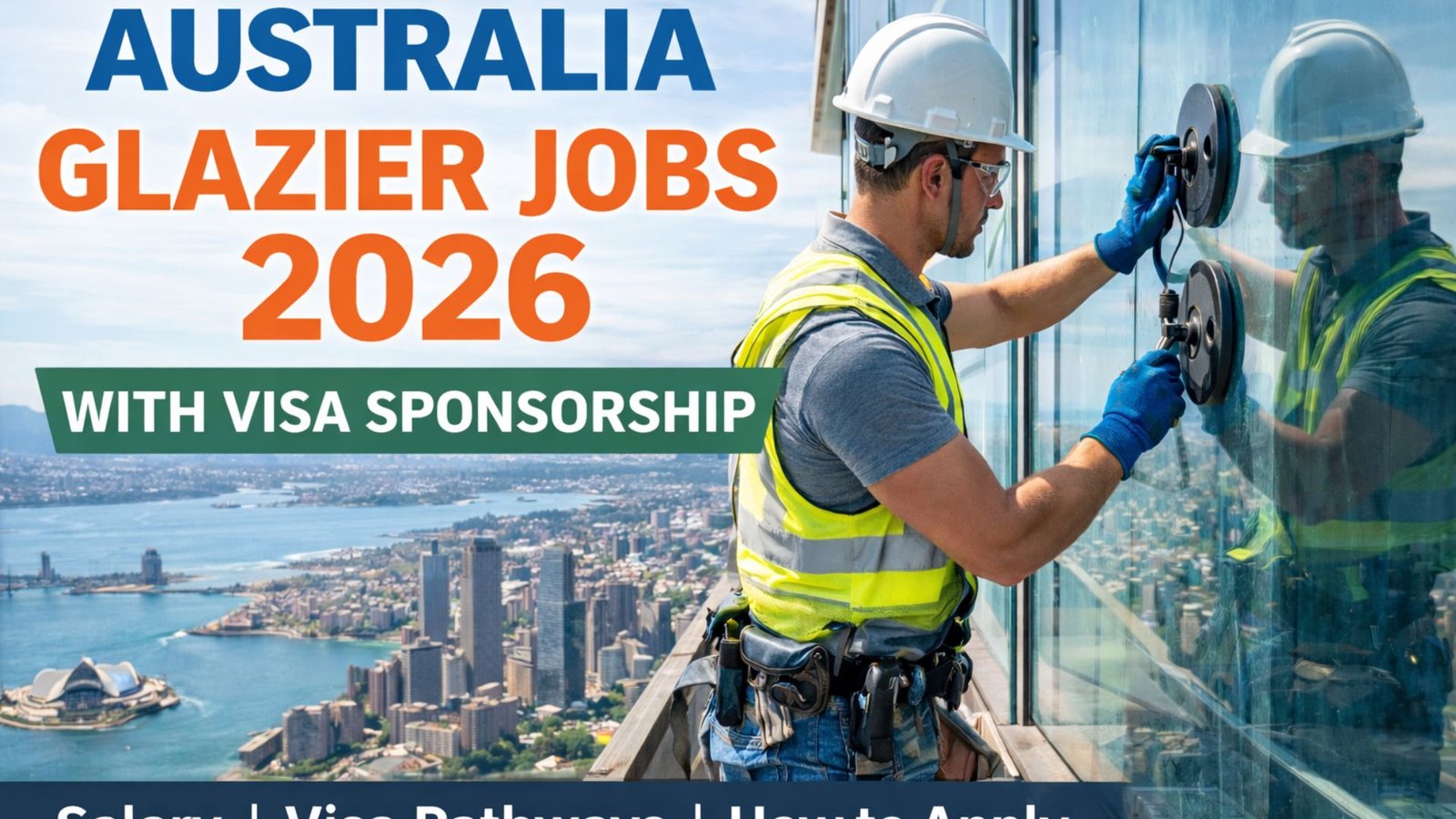 Glazier installing glass panels on a high-rise building in Australia showing skilled trade jobs with visa sponsorship in 2026