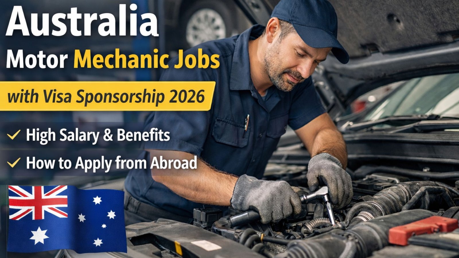 Professional motor mechanic repairing a car engine in an Australian workshop representing motor mechanic jobs in Australia with visa sponsorship opportunities.