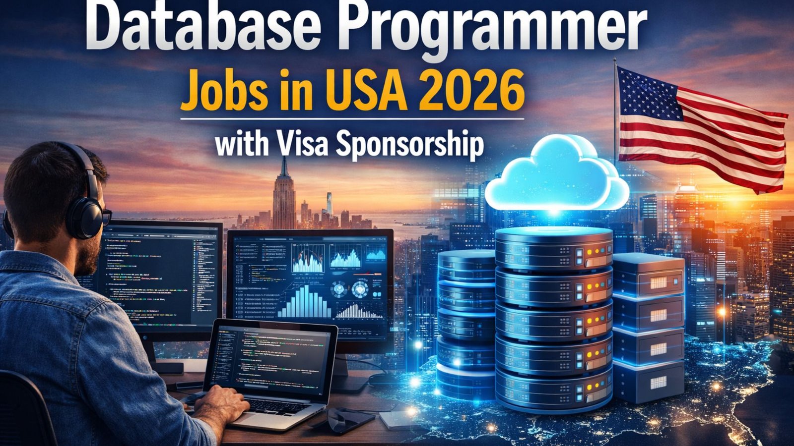 Database programmer working on coding screens representing database developer jobs in USA 2026 with visa sponsorship