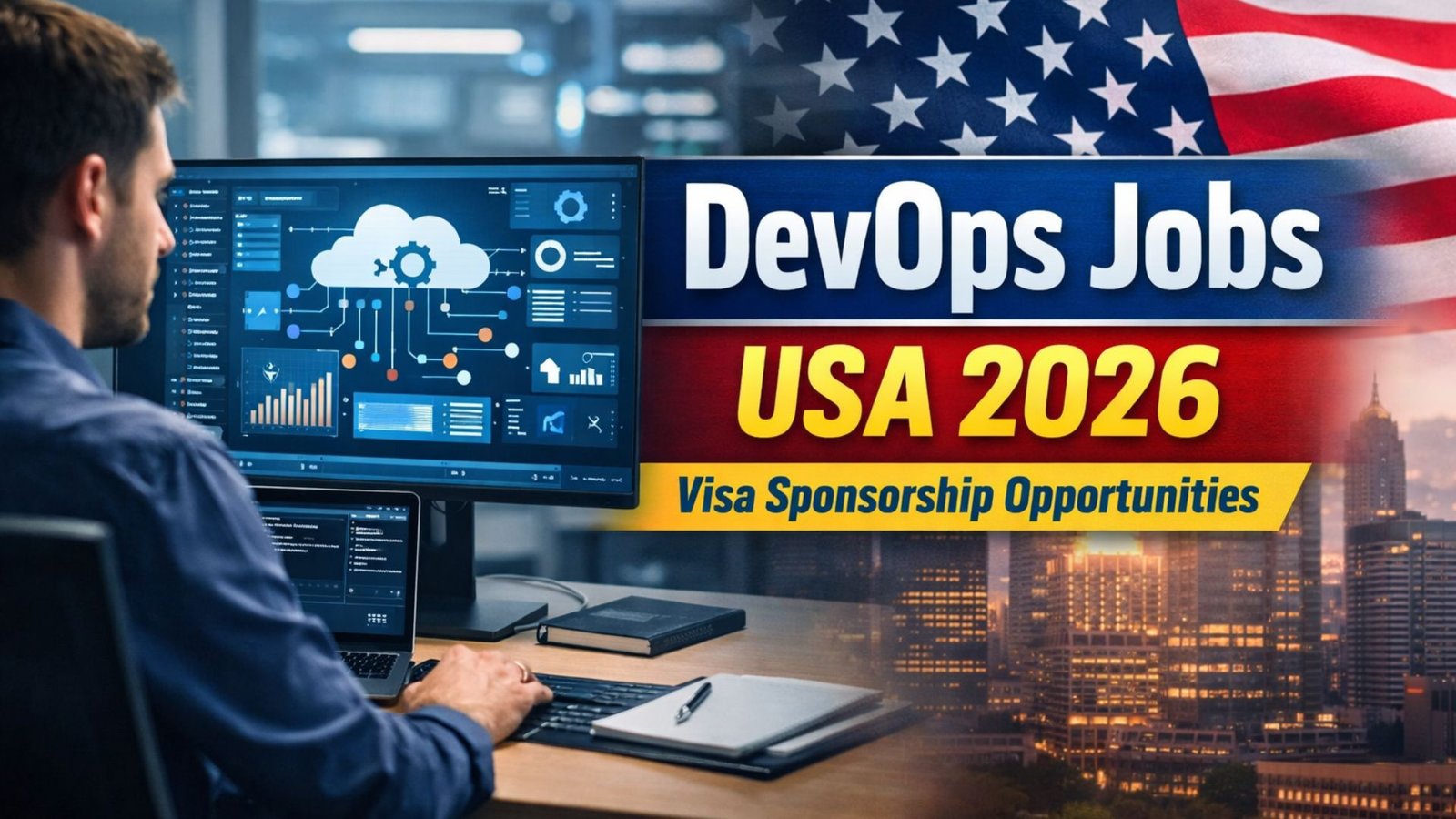 DevOps engineer working on cloud dashboard with USA background representing DevOps jobs in USA 2026 with visa sponsorship