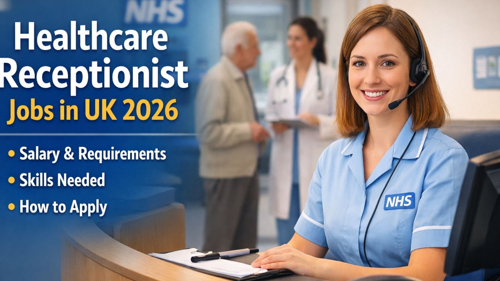 NHS healthcare receptionist at hospital front desk assisting patients, smiling, professional, Healthcare Receptionist Jobs UK 2026