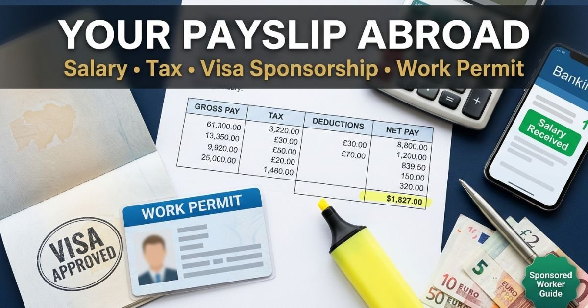 payslip as a sponsored worker with visa stamp and work permit card