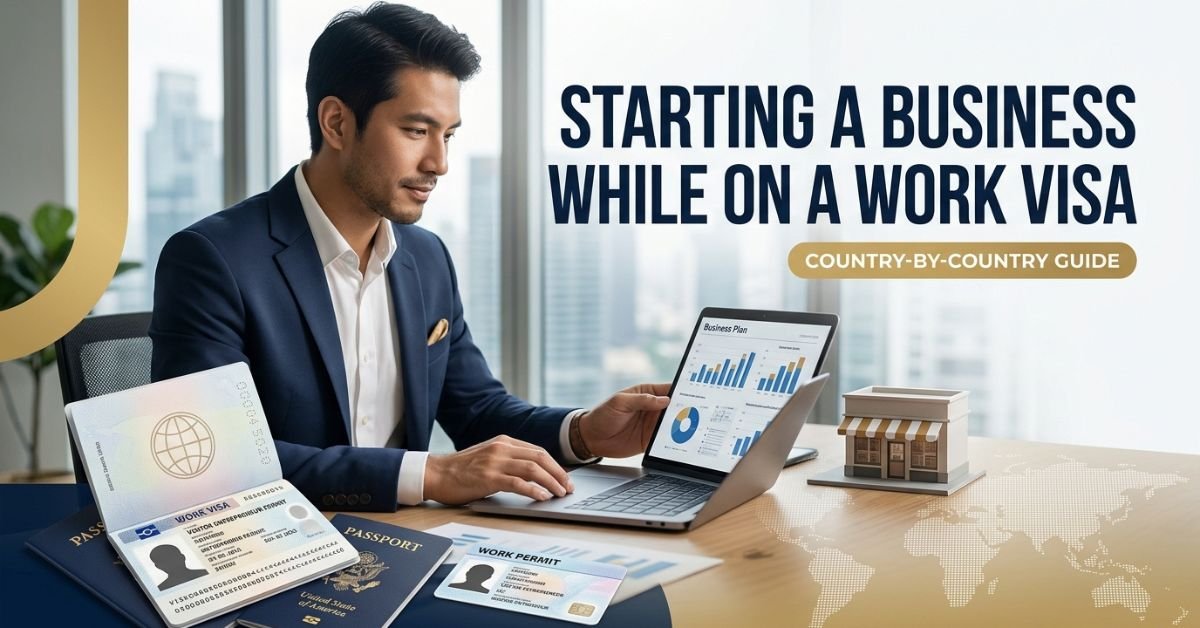 Entrepreneur reviewing a business plan beside a passport and work permit.